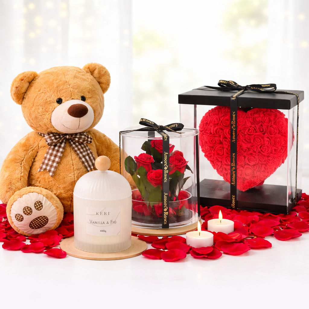 Pre-order Gift Set, Large Teddy Bear (90cm Sitting), Scented Candle 440g, Forever Roses, Love Heart Rose
