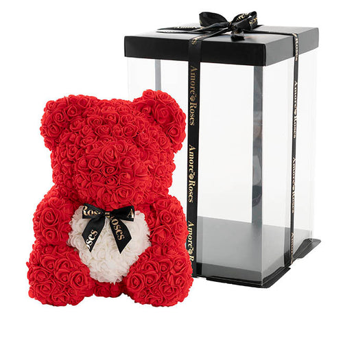 Red Amore rose bear with preserved rose gift set