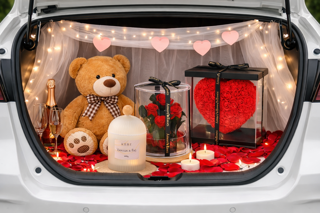 Pre-order Gift Set, Large Teddy Bear (90cm Sitting), Scented Candle 440g, Forever Roses, Love Heart Rose