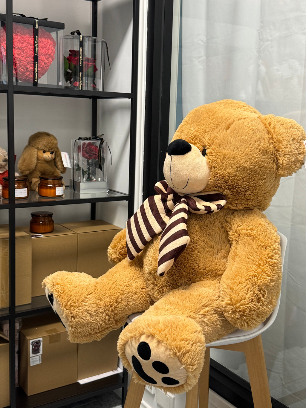 Gift Set - Giant Teddy Bear w Striped Bow Brown (90cmHT/60cmST) x Forever Roses