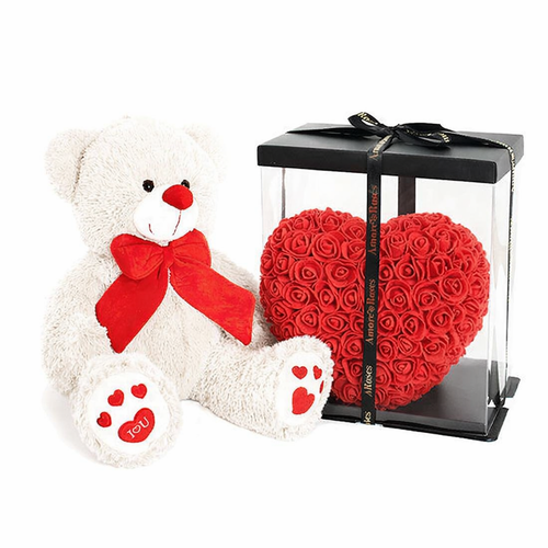 Gift Set — White Teddy Bear ‘I Love You’ & Rose Heart