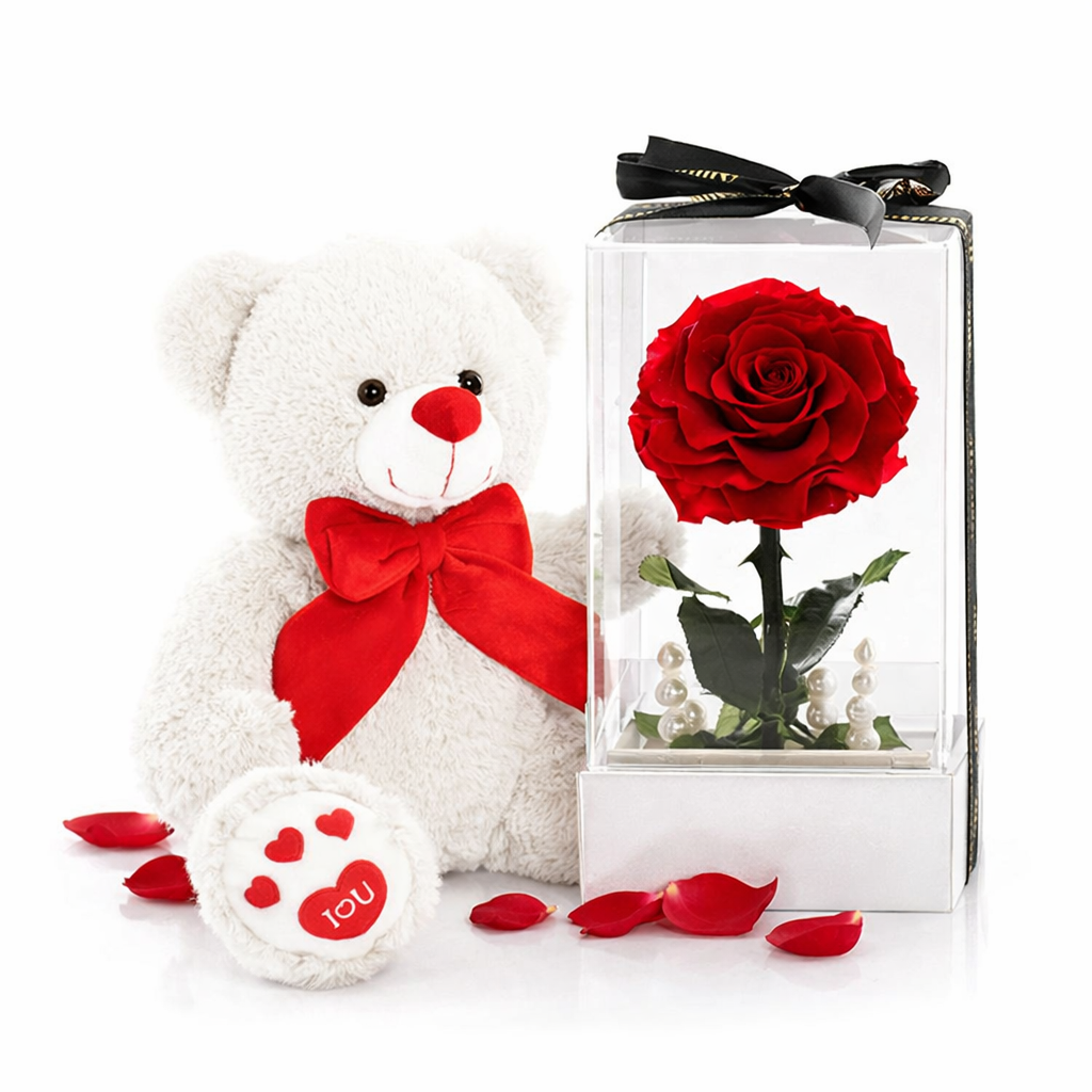 Gift Set - White Teddy Bear 90cmHT/60cmST x Forever Rose Single Stem