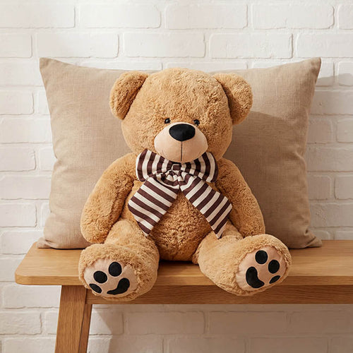 Gift Set — Giant Teddy Bear with Striped Bow Brown (90cm High/60cm Seated) × Forever Roses