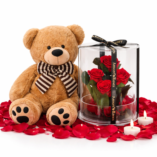 Gift Set — Giant Teddy Bear with Striped Bow Brown (90cm High/60cm Seated) × Forever Roses