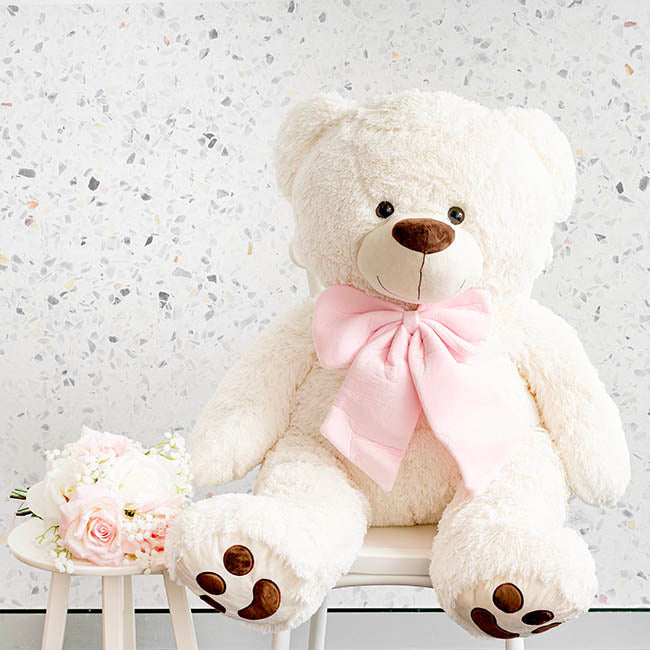 Giant Teddy Bear w Pink Bow White (115cmHT/80cmST)