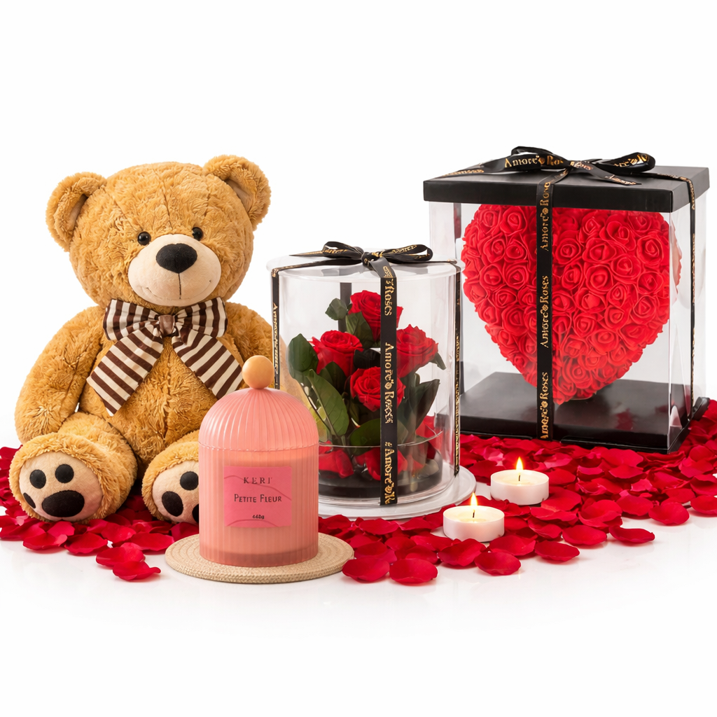 Pre-order Gift Set Giant Teddy Bear (115cmHT/80cmST), Forever Rose, Love Heart Rose, Scented Candle 440g
